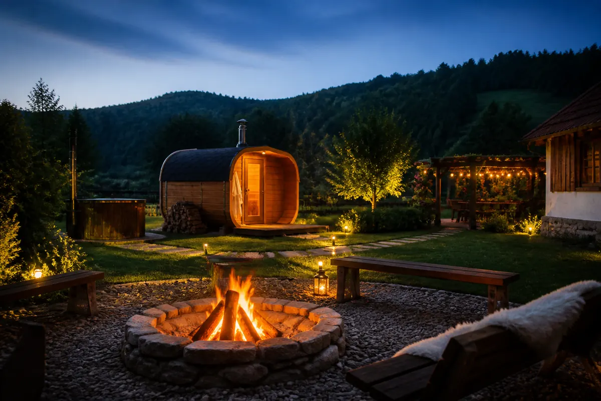Guesthouse garden with sauna corner and evening firepit