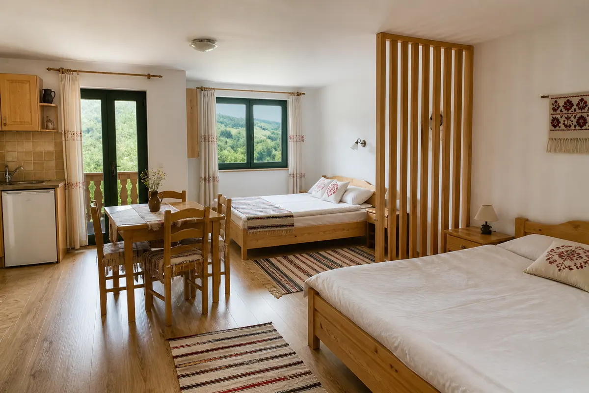 Family apartment in a rural guesthouse with kitchenette and wooden furniture