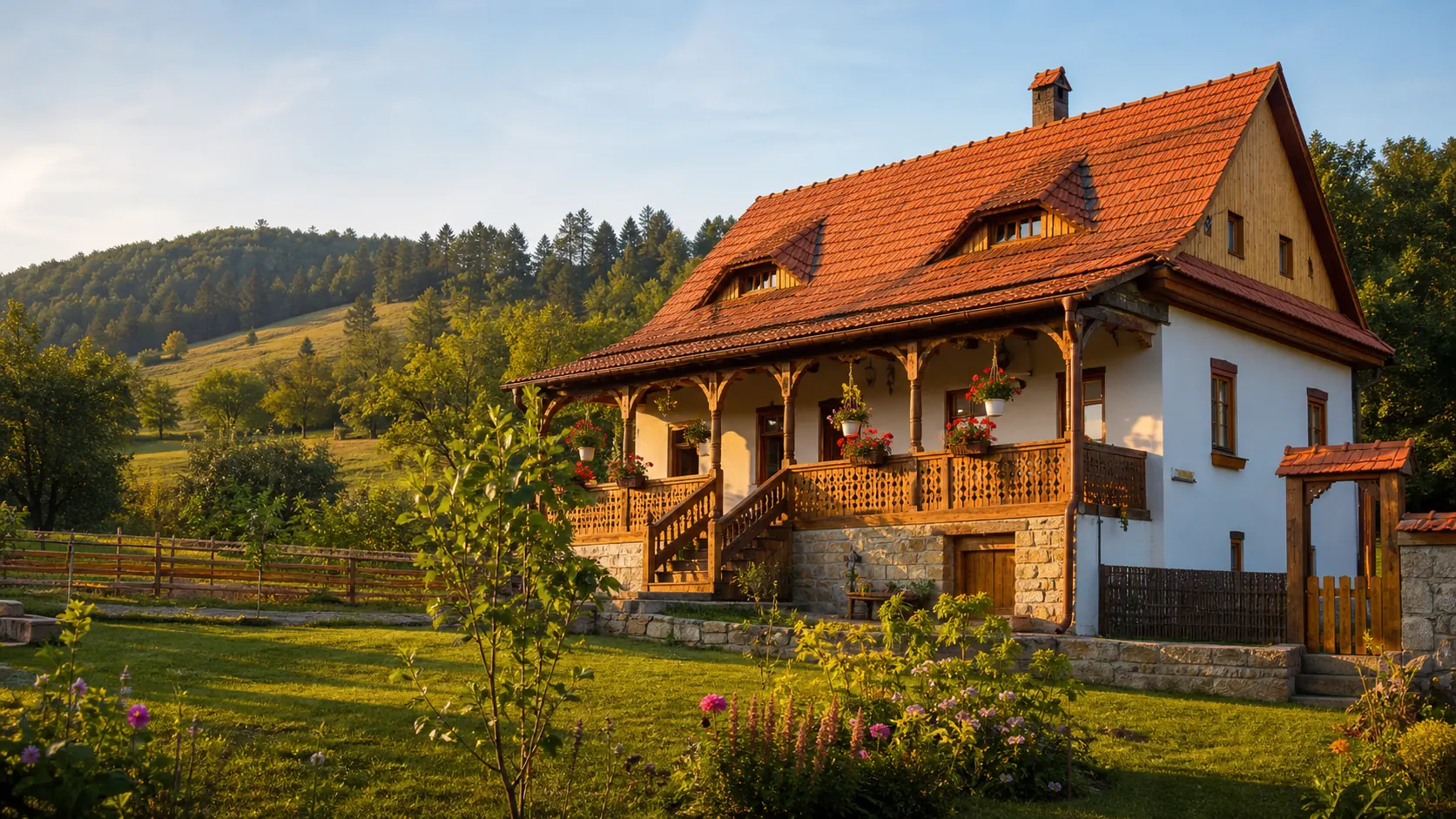 Transylvanian countryside guesthouse with garden and hills