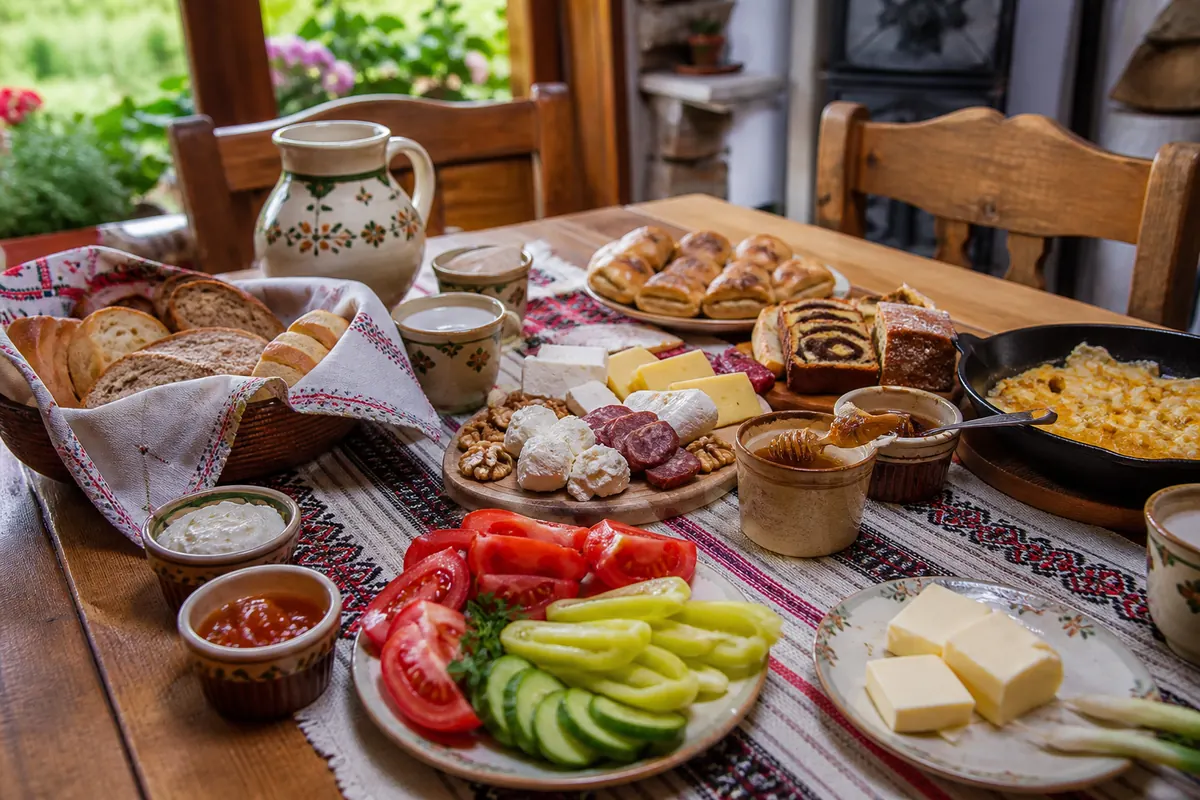 Breakfast table with Romanian and Hungarian regional products