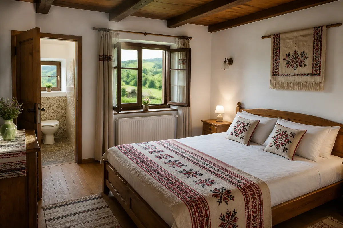 Romanian and Hungarian style guesthouse double room with woven textiles